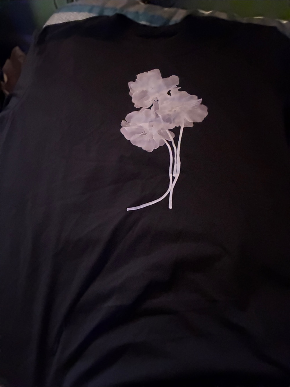 Black Short Sleeve Tee with White Floral Applique